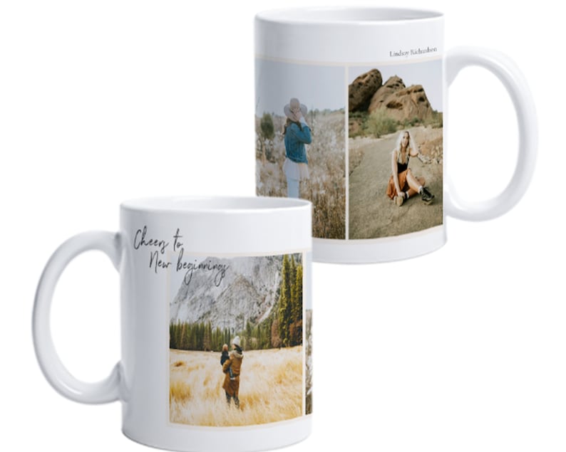 May include: Two white ceramic mugs with photos printed on them. The mug on the left has a photo of a couple in a field and the text "Cheers to New Beginnings". The mug on the right has three photos of a woman in different locations and the text "Lindsey Buchheister".
