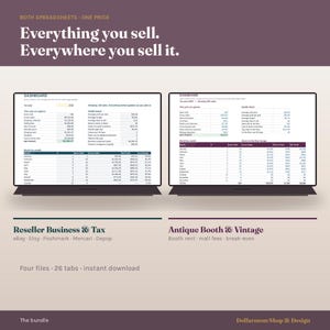 Puede incluir: Dos paneles de control de hojas de cálculo digitales mostrados en pantallas, titulados Reseller Business & Tax y Antique Booth & Vintage. El texto dice Everything you sell. Everywhere you sell it. Se incluyen cuatro archivos, 26 pestañas y descarga instantánea.