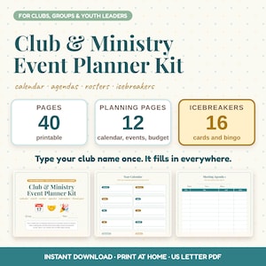 Puede incluir: Un kit imprimible de planificación de eventos para clubes y ministerios con 40 páginas, 12 páginas de planificación para calendarios y presupuestos, y 16 tarjetas de rompehielos y bingo, incluyendo plantillas de agenda en formato PDF.