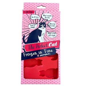 May include: A pink box featuring a black and white cat illustration with text bubbles. The text reads "The Perfect Cat Frozen in Time purrrfect..." and "6 per tray". Inside, a red silicone mold with cat shapes is visible.