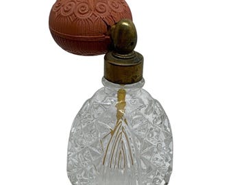Antique Cut Glass Perfume Bottle Atomizer Brass Hardware Diamond Pattern 3in