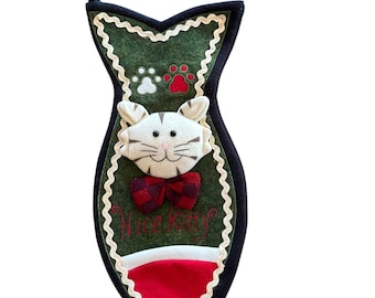 Green Fish Shaped Cat Christmas Stocking Nice Kitty 3D Plush Buffalo Plaid Bow