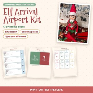 Könnte beinhalten: Ein Elf Arrival Airport Kit mit 17 druckbaren Seiten, darunter Bordkarten, ein Elfenpass und Gepäckanhänger. Das Set enthält Text wie Elf Arrival Airport Kit, Elf passport, Boarding passes und Type your elf's name.