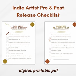 May include: A checklist for indie artists to use before and after releasing a new song. The checklist is divided into two sections: Pre-Release Essentials and Post-Release Essentials. The checklist includes tasks such as finalizing the song mix, creating press photos, submitting the song to distribution, and creating social media content.