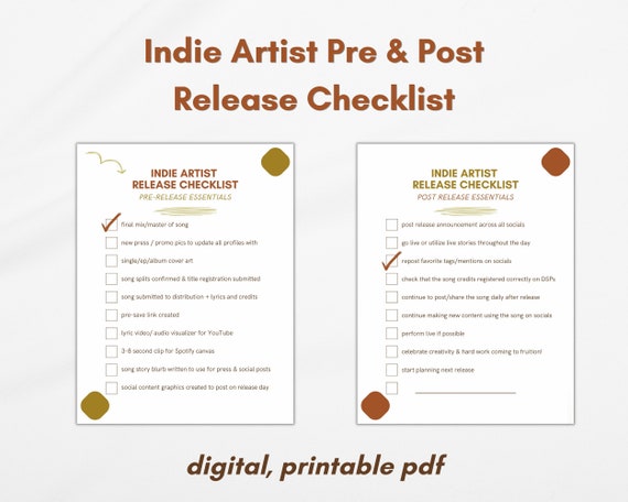 Indie Artist Release Checklist, Planning Checklist for Recording Artists, Music Student Checklist, DIY Release Schedule