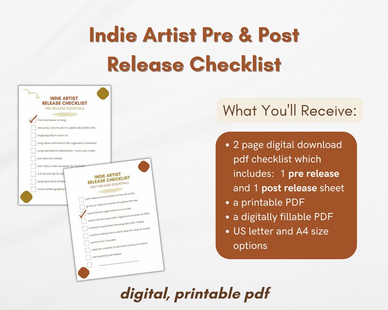 May include: A digital printable checklist for indie artists to use before and after releasing new music. The checklist is divided into two sections: "Pre-Release Essentials" and "Post-Release Essentials". The checklist is available in US Letter and A4 sizes.