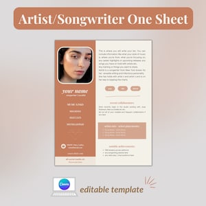May include: A brown and white template for an artist or songwriter's one sheet. The template includes sections for music links, new demos, select cuts, writing samples, recent collaborators, artist cuts, notable achievements, and a bio. The template also includes a photo of a woman with brown hair and brown eyes.