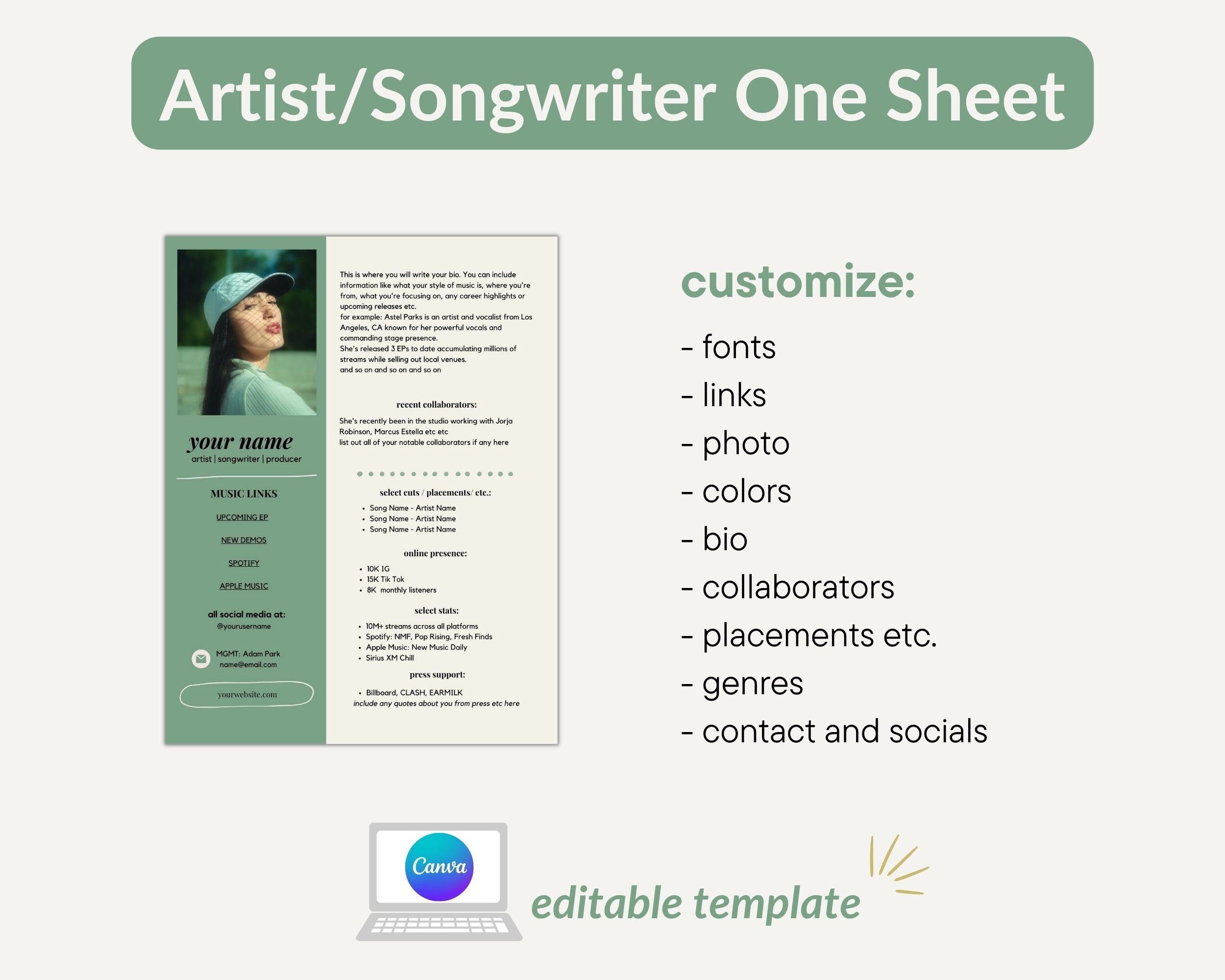 Sage Green 1 Page Media Kit Template for Artists