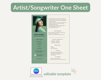 Plantilla de kit de prensa de una página en color verde salvia para artistas, compositores y músicos, kit de marca, plantilla de kit de prensa, plantilla de Canva