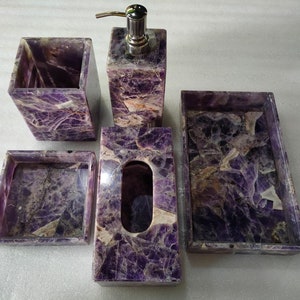 SALE | 5 pc Bathroom accessories set Purple Amethyst  | Blue | soap dispenser | Toothbrush Holder | calm