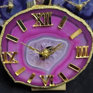 SALE| Pink Crystal Table Clock | Office Décor | vintage | Natural | Agate | Real Stone | Home décor | Gift under 50 | Gem Stone | Magenta