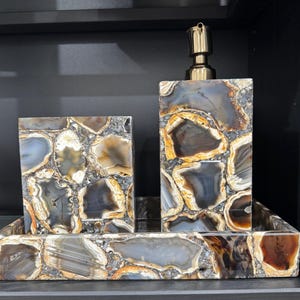 Handcrafted Brazilian black Agate 3-Piece Bathroom Accessories Set