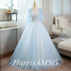 Royal Blue Ball Gown With 3D Floral Applique And Lace Tulle 2021