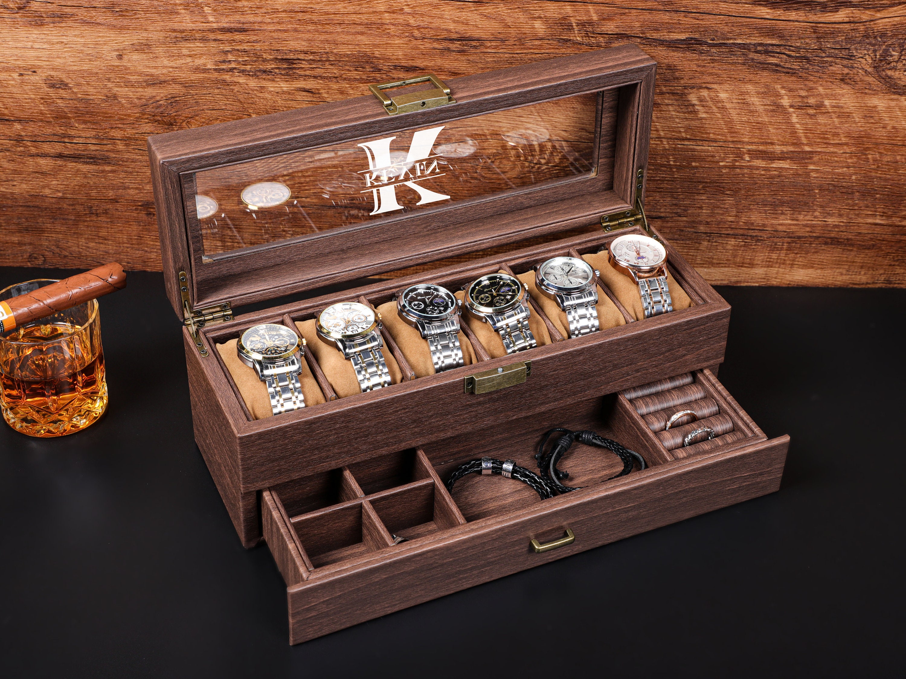 Name & Monogram Personalized Leather Watch Box