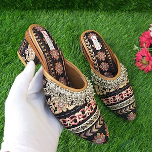 GLOIRE Women Black heel shoe, Indian Ethnic heels shoe, Traditional Hand made mule, Indian ethnic Bridal heel, ultra comfortable shoe