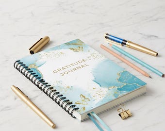 Gratitude Journal Spiral Notebook | Teal Marble Butterflies, Ruled Lined