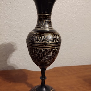 Painted Brass Metal Vase with Engraved Pattern