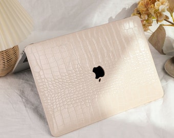 Étui MacBook crème en cuir imprimé crocodile pour nouveau MacBook M2 Air 13 A2681 Pro 13 A2338 Pro 14 Pro A2442 Pro 16 pouces 2022 - Étui unique pour ordinateur portable