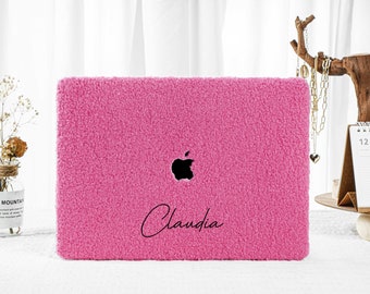 Personalised Rose Pink Fluffy MacBook Case for New MacBook Air 15 2023 M2 Air 13 A2681 M2 Pro 13 A2338 Pro 14 Pro 16 inch Unique Laptop Case