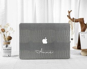 Crocodile Print Grey Leather MacBook Case for New MacBook M2 Air 13 A2681 Pro 13 A2338 Pro 14 Pro A2442 Pro 16 inch 2022 Unique Laptop Case