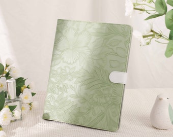 Green Flowers Leather iPad Case for Air 5 4 3 Case, iPad Pro 11" 12.9'' iPad Pro 2022 2021 10.2" 9.7" iPad Mini 6 5 Case with Pencil Holder