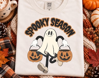 Spooky Season Ghost PNG, Retro Halloween Design with Pumpkins