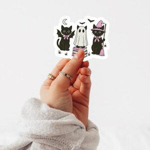 Może przedstawiać: Naklejka z trzema postaciami z motywem Halloween: czarny kot ze skrzydłami nietoperza, duch i czarny kot w kapeluszu czarownicy. Projekt zawiera księżyc i nietoperze. Duch stoi na stosie książek ze słowem "SPELL".