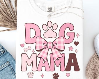 Dog Mama PNG: ピンクギンガムリボンの足跡（デジタルダウンロード）
