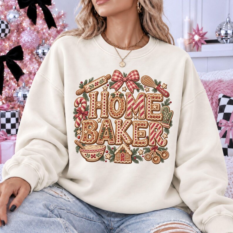 May include: A cream-colored crewneck sweatshirt featuring a graphic print of the text HOME BAKER in gingerbread-style lettering. The design includes illustrations of a rolling pin, whisk, candy cane, oven mitt, mixing bowl, and gingerbread house.