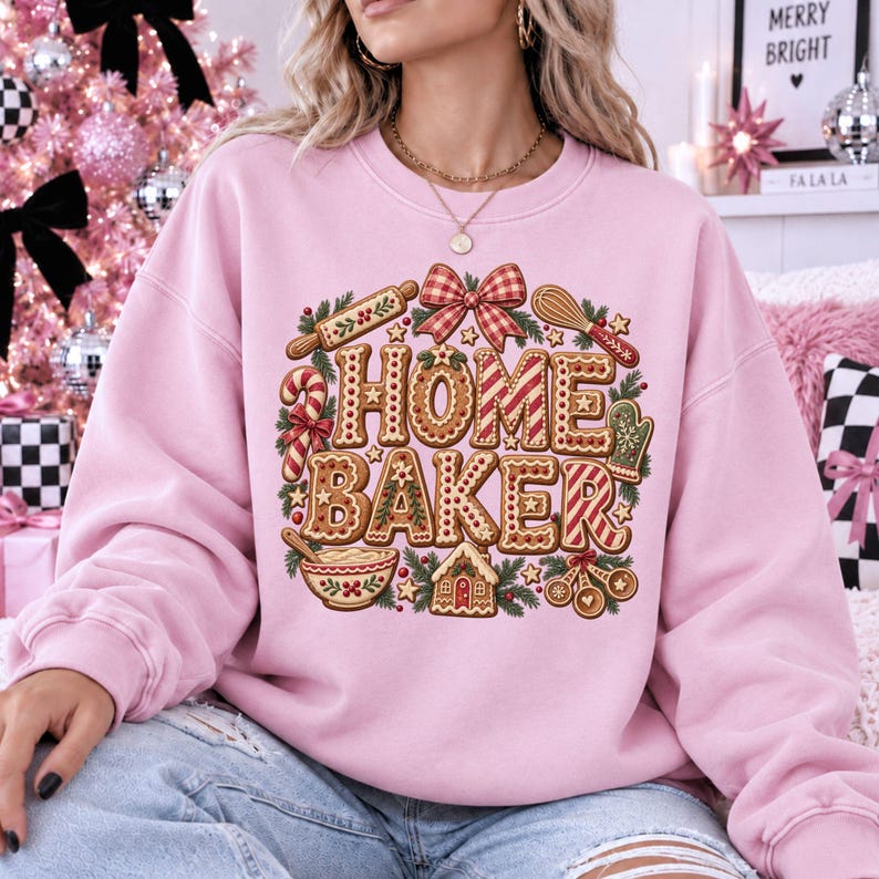 May include: A light pink crewneck sweatshirt featuring a graphic print of gingerbread-style letters spelling HOME BAKER, surrounded by illustrations of a rolling pin, whisk, candy cane, oven mitt, mixing bowl, and a small gingerbread house.