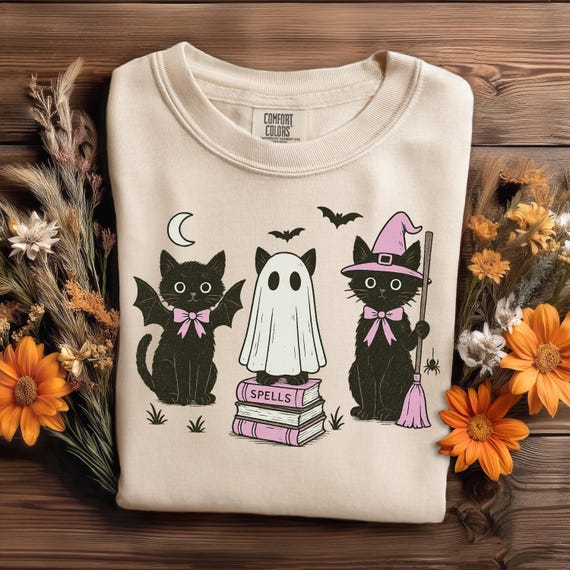 Halloween Black Cat PNG: Witch, Ghost, Bat (Digital Download)