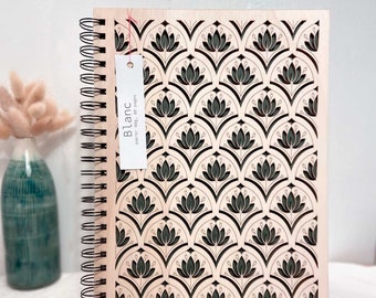 Large A4 notebook in openwork wood with flower pattern, watercolor and drawing paper or white and lined, pretty photo album or guest book for weddings