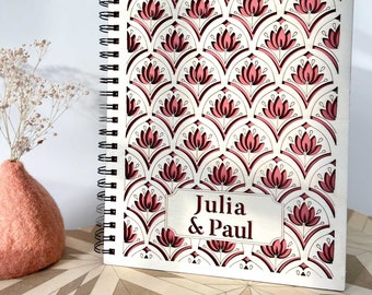 Boho wedding guest book in engraved wood with lotus flowers, personalized with first names and dates, wedding gifts, couple album