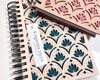 Joli agenda organisateur 2024 à motifs en bois de peuplier gravé, rechargeable, cadeau de noël, planner