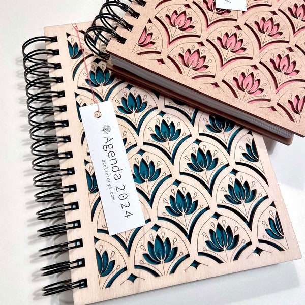 Joli agenda organisateur 2024 à motifs en bois de peuplier gravé, rechargeable, cadeau de noël, planner