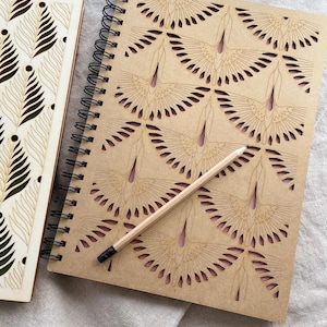 Large engraved wooden notebook or drawing pad with Japanese crane motif, compressed wood fiber