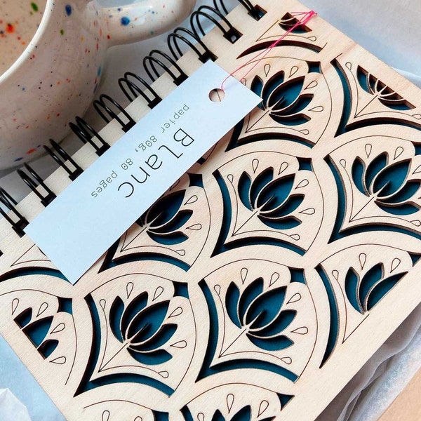 Pretty little engraved poplar wood notebook, lotus flower pattern, A6 notebook, notepad, watercolor and drawing, original unique gifts