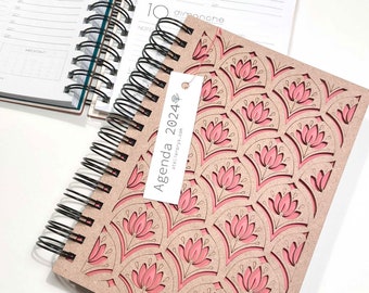 Joli agenda organisateur 2024, fleurs, rechargeable en bois, cadeaux de noël, planner, calendrier