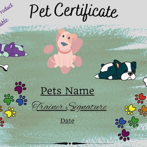 Bewerkbaar huisdiercertificaat, geboorteakte. Huisdier geboorteakte, pootafdrukken certificaat, puppy kat dierlijke geboorteakte