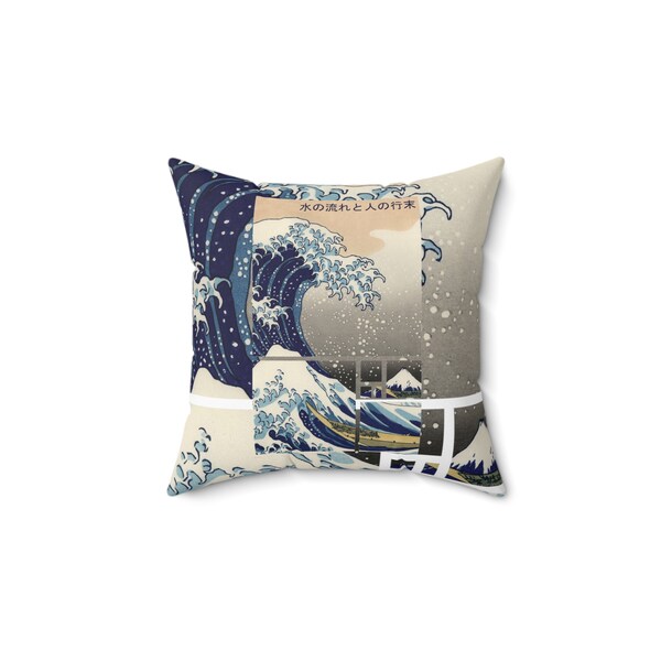 Japanese Waves Pillow Square Cushion Cool Unique Design Epic Japan Mountain Ocean Sea Water Wave Quote Proverb Saying Gift Comfy Cozy Home