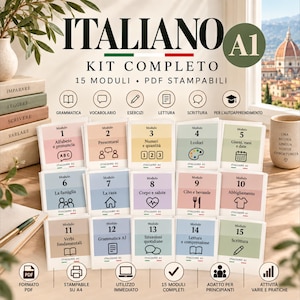 Könnte beinhalten: Ein Italienisch A1 Sprachlern-Set mit 15 druckbaren PDF-Modulen. Das Set enthält Lektionen zu Grammatik, Wortschatz und Schreiben, organisiert in nummerierten Karten mit Symbolen. Der Text umfasst 'ITALIANO A1 KIT COMPLETO' und '15 MODULI'.