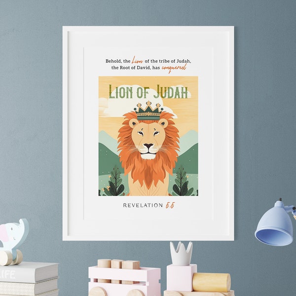 Lion of Judah King | Nursery Room | Kids Room | Lion Art Print | Revelation Scripture | Tribe of Judah | Bible Verse | Instant Download