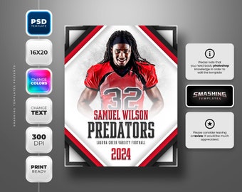 May include: A red, black, and white football player announcement poster with a photo of a football player wearing a jersey with the number 32. The text on the poster reads "Samuel Wilson Predators Laguna Creek Varsity Football 2024".