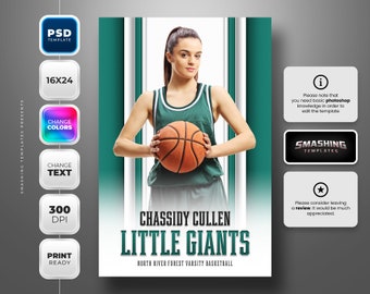 Puede incluir: Una jugadora de baloncesto con una camiseta verde sostiene un balón de baloncesto. El texto "CHASSIDY CULLEN LITTLE GIANTS NORTH RIVER FOREST VARSITY BASKETBALL" está debajo de la jugadora.