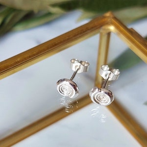 Könnte beinhalten: Ein Paar silberne Ohrstecker mit einem Spiraldesign. Die Ohrringe werden in einer Glasbox mit goldener Einfassung präsentiert.