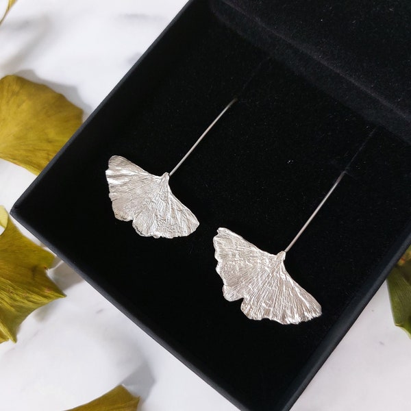 Silver ginkgo real leaf earrings | Ginkgo replica drop dangle earrings | Nature inspired botanical jewelry | Gift for her | Anniversary gift