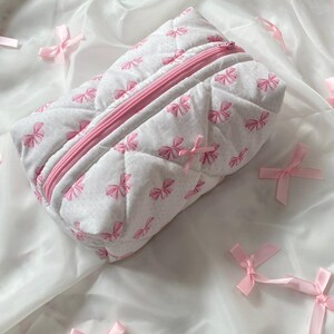 Ribbon Makeup Bag, Pink Ribbon Cosmetic Pouch, Coquette Makeup Bag,Quilted Cotton Cosmetic Bag