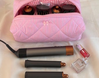 Bolsa para herramientas de peluquería a rayas rosas, bolsa Dyson Airwrap/Airstrait, bolsa organizadora acolchada, bolsa de viaje de algodón, bolsa para mujer