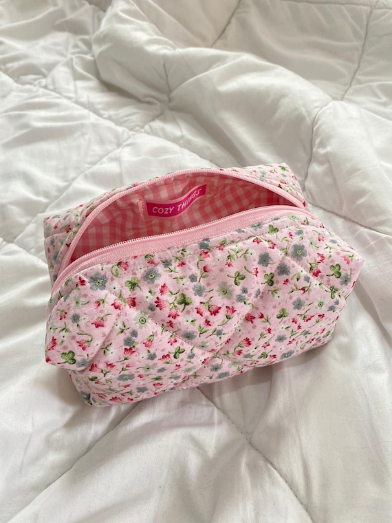 Pink Floral Makeup Bag, Cute Makeup Bag, Travel Bag Woman, Quilted Cotton  Cosmetic Bag 