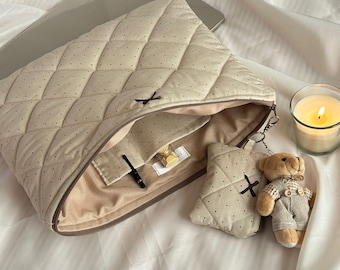 Beige Polka Dot Quilted Laptop Sleeve Set | Includes Mini Pouch & Teddy Charm | Handmade Padded Laptop Case 13-14 inch | Cute Gift for Her